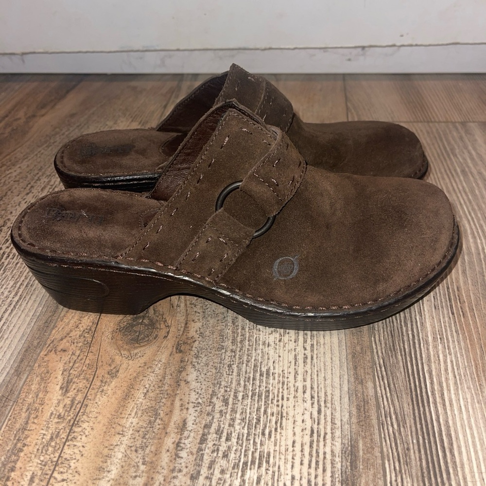 Born Concept Women’s Brown Suede Leather Slip On Heeled Clogs Y2K Size 9 40.5